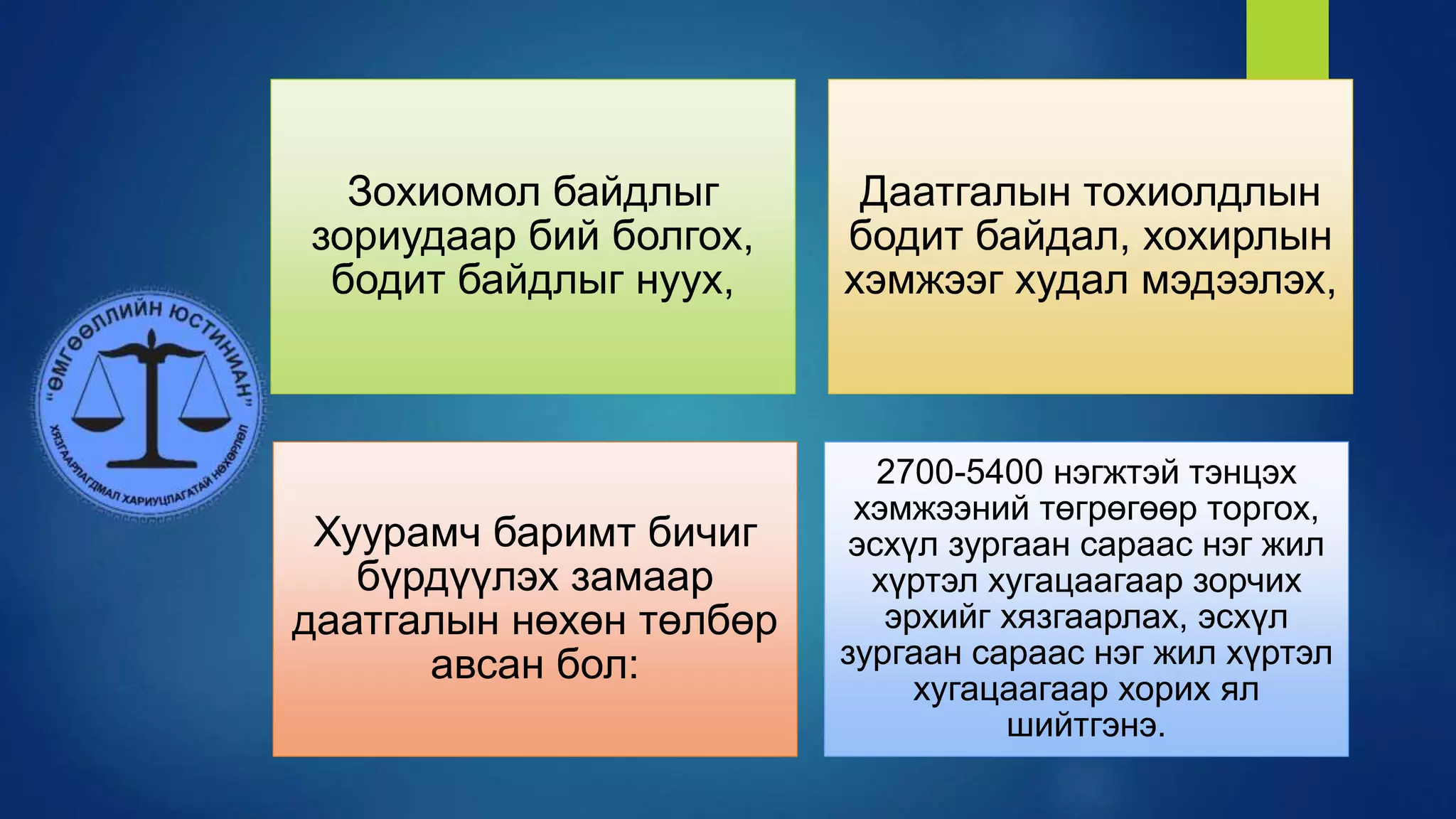 Зохиомол байдлыг
зориудаар бий болгох,
бодит байдлыг нуух,
Даатгалын тохиолдлын
бодит байдал, хохирлын
хэмжээг худал мэдээлэх,
Хуурамч баримт бичиг
бүрдүүлэх замаар
даатгалын нөхөн төлбөр
авсан бол:
2700-5400 нэгжтэй тэнцэх
хэмжээний төгрөгөөр торгох,
эсхүл зургаан сараас нэг жил
хүртэл хугацаагаар зорчих
эрхийг хязгаарлах, эсхүл
зургаан сараас нэг жил хүртэл
хугацаагаар хорих ял
шийтгэнэ.
 