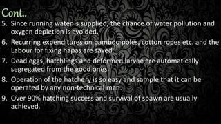 Cont..
5. Since running water is supplied, the chance of water pollution and
oxygen depletion is avoided.
6. Recurring expenditures on bamboo poles, cotton ropes etc. and the
Labour for fixing hapas are saved.
7. Dead eggs, hatchlings and deformed larvae are automatically
segregated from the good ones.
8. Operation of the hatchery is so easy and sample that it can be
operated by any non-technical man.
9. Over 90% hatching success and survival of spawn are usually
achieved.
 