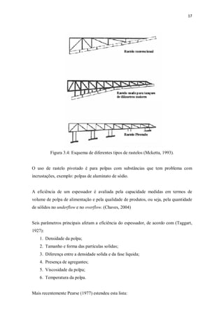 17
Figura 3.4: Esquema de diferentes tipos de rastelos (Mcketta, 1993).
O uso de rastelo pivotado é para polpas com substâncias que tem problema com
incrustações, exemplo: polpas de aluminato de sódio.
A eficiência de um espessador é avaliada pela capacidade medidas em termos de
volume de polpa de alimentação e pela qualidade de produtos, ou seja, pela quantidade
de sólidos no underflow e no overflow. (Chaves, 2004)
Seis parâmetros principais afetam a eficiência do espessador, de acordo com (Taggart,
1927):
1. Densidade da polpa;
2. Tamanho e forma das partículas solidas;
3. Diferença entre a densidade solida e da fase liquida;
4. Presença de agregantes;
5. Viscosidade da polpa;
6. Temperatura da polpa.
Mais recentemente Pearse (1977) estendeu esta lista:
 