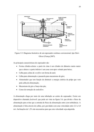 19
Figura 3.5: Diagrama ilustrativo de um espessador contínuo convencional, tipo Dorr-
Oliver (França,2007).
As principais características do espessador são:
· Forma cilindro-cônica: a parte de cima é um cilindro de diâmetro muito maior
que a altura e a parte inferior é um cone com apex voltado para baixo;
· Calha para coleta de overflow em forma de anel;
· Calha para alimentação e passarela para mecanismo de giro;
· Alimentador que tem função de diminuir a energia cinética da polpa que vem
pela calha de alimentação;
· Mecanismo de giro e braço das pás;
· Cones de remoção de underflow.
A alimentação chega por meio de uma tubulação ao centro do espessador. Existe um
dispositivo chamado feedweell, que pode ser vista na figura 3.6, que divide o fluxo da
alimentação para evitar que a entrada do fluxo da alimentação entre com turbulência. A
alimentação é feita através de calhas, por gravidade com uma velocidade entre 2,5 a 3,0
m/s. Inclinações de 1,5% são necessárias para que esta velocidade seja adquirida.
 