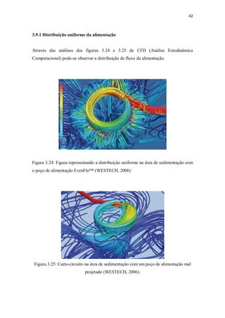 42
3.9.1 Distribuição uniforme da alimentação
Através das análises das figuras 3.24 e 3.25 de CFD (Análise Fotodinâmica
Computacional) pode-se observar a distribuição de fluxo da alimentação.
Figura 3.24: Figura representando a distribuição uniforme na área de sedimentação com
o poço de alimentação EvenFlo™ (WESTECH, 2006)
Figura 3.25: Curto-circuito na área de sedimentação com um poço de alimentação mal
projetado (WESTECH, 2006).
 
