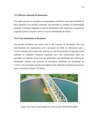 43
3.9.2 Diluição otimizada da alimentação
Esta opção permite aos operadores de espessadores estabelecer uma taxa de diluição de
fluxo específica com precisão controlada, sem perturbar as condições de sedimentação
tranquila. A diluição adequada no poço de alimentação pode minimizar o consumo de
reagentes químicos enquanto otimiza a taxa de sedimentação de sólidos.
3.9.3 Custo minimizado de floculantes
Uns grandes problemas nas usinas seria o alto consumo de floculantes. Um mau
funcionamento dos espessadores seria a passagem de sólido da alimentação para o
overflow causado pela corrente não uniforme na zona de decantação do espessador pode
perturbar as condições tranquilas requeridas para uma sedimentação ideal por
gravidade. Os sintomas de um poço de alimentação com distribuição não uniforme da
alimentação incluem alto consumo de floculantes, problemas na clarificação do
overflow, picos de torque causados por depósitos não uniformes de partículas grosseiras,
como é mostrado na figura 3.26 abaixo:
Figura 3.26: Figura representando um curto circuito (WESTECH,2006)
 