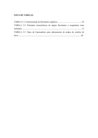 LISTA DE TABELAS:
TABELA 3.1: Caracterização de floculantes orgânicos..................................................10
TABELA 3.2: Principais características de alguns floculantes e coagulantes mais
utilizados..........................................................................................................................13
TABELA 3.3: Tipos de Espessadores para adensamento de polpas de minério de
ferro................................................................................................................................20
 