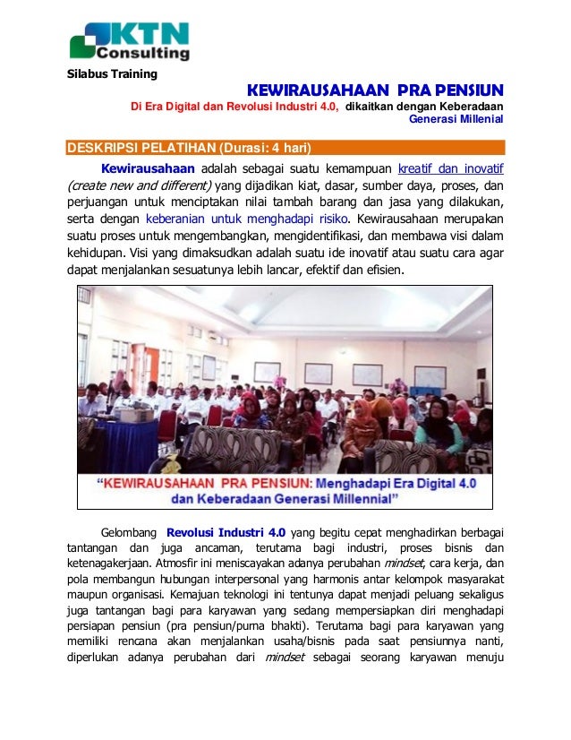 Silabus Training &quot;KEWIRAUSAHAAN PRA PENSIUN di Era Digital