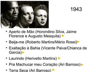 1943

Aperto de Mão (Horondino Silva, Jaime
Florence e Augusto Mesquita)

Beija-me (Roberto Martins/Mário Rossi)

Exaltação à Bahia (Vicente Paiva/Chianca de
Garcia)

Laurindo (Herivelto Martins)

Pra Machucar meu Coração (Ari Barroso)

Terra Seca (Ari Barroso)
 