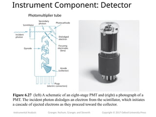 Instrumental Analysis Granger, Yochum, Granger, and Sienerth Copyright © 2017 Oxford University Press
Figure 6.27 (left) A schematic of an eight-stage PMT and (right) a photograph of a
PMT. The incident photon dislodges an electron from the scintillator, which initiates
a cascade of ejected electrons as they proceed toward the collector.
Instrument Component: Detector
Photomultiplier tube
 
