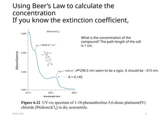 4
Using Beer’s Law to calculate the
concentration
If you know the extinction coefficient,
Chem 550
Figure 6.12 UV-vis spectrum of 1-10-phenanthroline-5,6-dione platinum(IV)
chloride [Pt(dione)Cl4] in dry acetonitrile.
Absorbance
A = 0.145
**290.5 nm seem to be a typo. It should be ~315 nm.
What is the concentration of the
compound? The path length of the cell
is 1 cm.
 