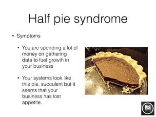 Half pie syndrome
• Symptoms
• You are spending a lot of
money on gathering
data to fuel growth in
your business
• Your systems look like
this pie, succulent but it
seems that your
business has lost
appetite.
 
