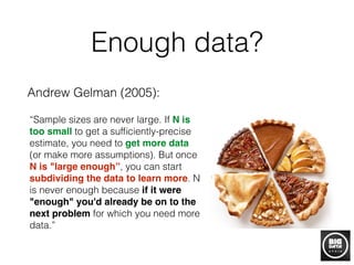 Enough data?
Andrew Gelman (2005):
“Sample sizes are never large. If N is
too small to get a sufﬁciently-precise
estimate, you need to get more data
(or make more assumptions). But once
N is "large enough”, you can start
subdividing the data to learn more. N
is never enough because if it were
"enough" you'd already be on to the
next problem for which you need more
data.”
 