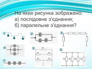 На яких рисунка зображено:
а) послідовне з’єднання;
б) паралельне з’єднання?
1 2 3
4 5 6
7
 