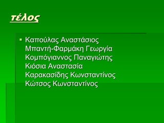 τέλος
 Καπούλας Αναστάσιος
Μπαντή-Φαρμάκη Γεωργία
Κομπόγιαννος Παναγιώτης
Κιόσια Αναστασία
Καρακασίδης Κωνσταντίνος
Kώτσος Κωνσταντίνος
 