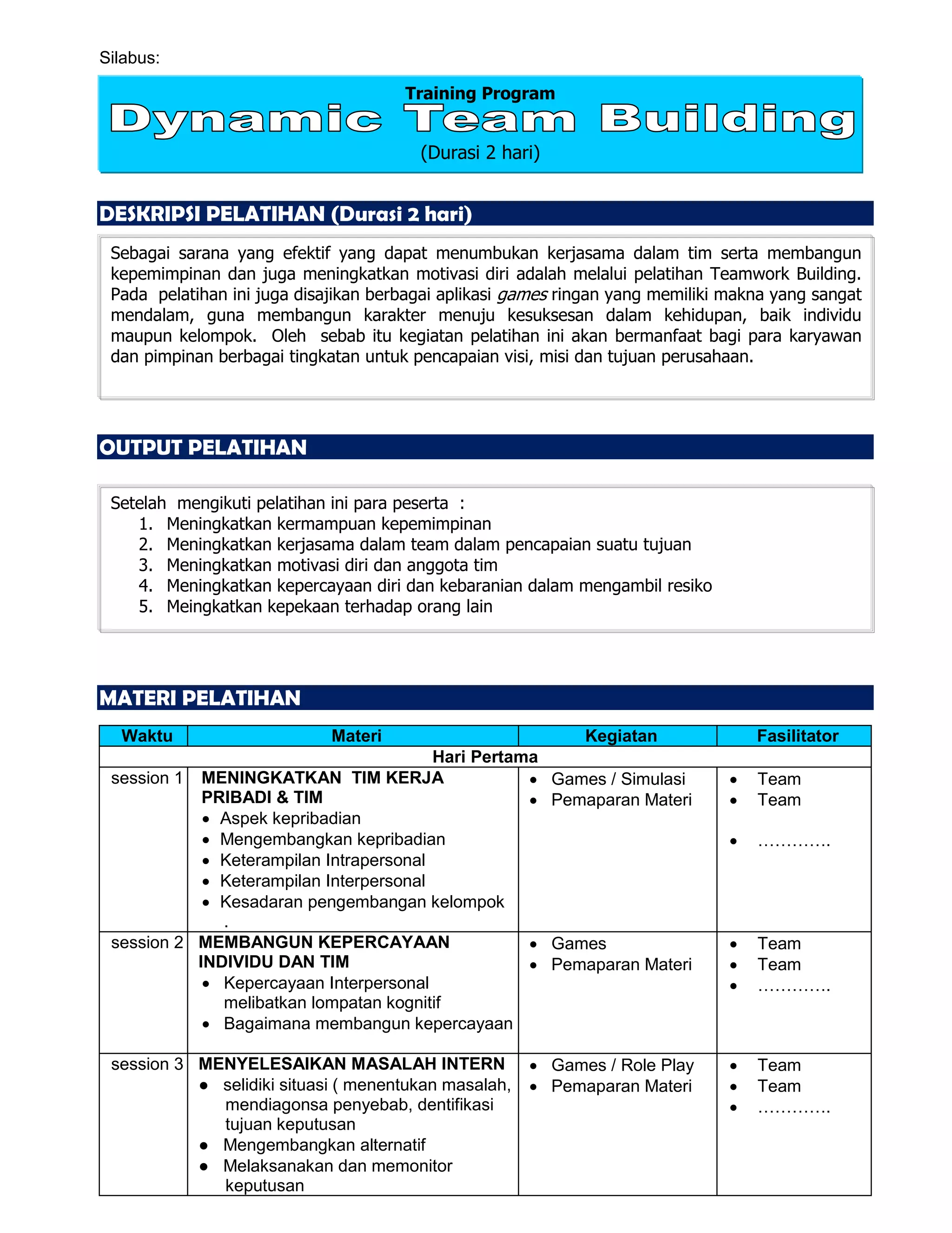 Silabus Training "Dynamic TEAMWORK BUILDING"