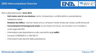 VIII Giornata della modellistica in ARIA(NET) 28 Gennaio 2021
2020 Intercomparison Exercise
Dati a disposizione per l’anno 2012:
- Dati meteo orari di una stazione: vento, temperatura, umidità relativa, precipitazione,
radiazione solare
- Emissioni da traffico: volume medio annuo, emissioni medie strada per strada, profili temporali
- Concentrazioni di background orarie: sia da stazioni di misura, sia simulate con il modello a
scala regionale RIO
- Informazioni sulla disposizione e sulla volumetria degli edifici
- Landuse CORINE2012 a 100x100 m2
- Informazioni sulla densità della popolazione
 