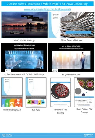 142
Acesse outros Relatórios e White Papers da Inova Consulting
www.inovaconsulting.com.br/downloads
WHATS NEXT 2020-2030 Global Trends 4 Business
4ª Revolução Industrial & Os Shifts de Mudança As 50 Ideias do Futuro
Indústria & Supply 4.0 Dicas Práticas Pós
Covid-19
Tendências Pós
Covid-19
Full Agile
 