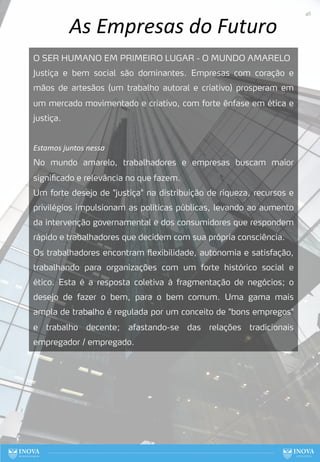 As Empresas do Futuro
O SER HUMANO EM PRIMEIRO LUGAR - O MUNDO AMARELO
Justiça e bem social são dominantes. Empresas com coração e
mãos de artesãos (um trabalho autoral e criativo) prosperam em
um mercado movimentado e criativo, com forte ênfase em ética e
justiça.
Estamos juntos nessa
No mundo amarelo, trabalhadores e empresas buscam maior
significado e relevância no que fazem.
Um forte desejo de "justiça" na distribuição de riqueza, recursos e
privilégios impulsionam as políticas públicas, levando ao aumento
da intervenção governamental e dos consumidores que respondem
rápido e trabalhadores que decidem com sua própria consciência.
Os trabalhadores encontram flexibilidade, autonomia e satisfação,
trabalhando para organizações com um forte histórico social e
ético. Esta é a resposta coletiva à fragmentação de negócios; o
desejo de fazer o bem, para o bem comum. Uma gama mais
ampla de trabalho é regulada por um conceito de "bons empregos"
e trabalho decente; afastando-se das relações tradicionais
empregador / empregado.
46
 