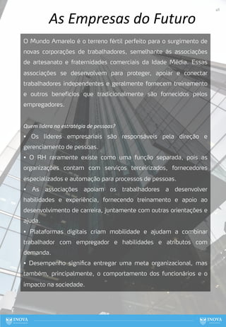 As Empresas do Futuro
O Mundo Amarelo é o terreno fértil perfeito para o surgimento de
novas corporações de trabalhadores, semelhante às associações
de artesanato e fraternidades comerciais da Idade Média. Essas
associações se desenvolvem para proteger, apoiar e conectar
trabalhadores independentes e geralmente fornecem treinamento
e outros benefícios que tradicionalmente são fornecidos pelos
empregadores.
Quem lidera na estratégia de pessoas?
• Os líderes empresariais são responsáveis pela direção e
gerenciamento de pessoas.
• O RH raramente existe como uma função separada, pois as
organizações contam com serviços terceirizados, fornecedores
especializados e automação para processos de pessoas.
• As associações apoiam os trabalhadores a desenvolver
habilidades e experiência, fornecendo treinamento e apoio ao
desenvolvimento de carreira, juntamente com outras orientações e
ajuda.
• Plataformas digitais criam mobilidade e ajudam a combinar
trabalhador com empregador e habilidades e atributos com
demanda.
• Desempenho significa entregar uma meta organizacional, mas
também, principalmente, o comportamento dos funcionários e o
impacto na sociedade.
48
 