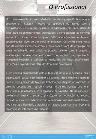 O Proﬁssional
Um bom exemplo é uma referência ao deus grego Proteu, o qual
segundo a mitologia, mudava de aparência de acordo com a
circunstância. Esse termo descreve profissionais com capacidade de
adaptação de conhecimentos, habilidades e competências ao contexto
econômico, social e tecnológico. São independentes e buscam
oportunidades além de um único empregador. Os profissionais nesse
tipo de carreira estão confortáveis tanto com a troca de emprego, por
vezes trabalhando em várias empresas, quanto com a criação e
sustentação de relacionamentos além da fronteira da organização,
mantendo networks e sentindo-se motivados por novas experiências,
situações e aprendizados além das fronteiras da empresa.
É um cenário caracterizado pela autogestão no qual a pessoa e não a
organização, passa a ter controle da carreira. Esse modelo é perfeito,
para a nova geração de força de trabalho que chegará ao mercado na
próxima década, além de abrir novos horizontes aqueles que foram
obrigados a se adaptar à nova realidade do trabalho. Nesse conceito o
profissional busca o sucesso psicológico em oposição ao sucesso
definido por valores externos. Isso reflete em um profissional flexível,
que valoriza a liberdade e acredita em aprendizado contínuo, buscando
recompensas intrínsecas ao trabalho.
69
 