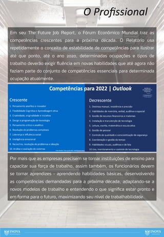 O Proﬁssional
Em seu The Future Job Report, o Fórum Econômico Mundial traz as
competências crescentes para a próxima década. O Relatório usa
repetidamente o conceito de estabilidade de competências para ilustrar
até que ponto, até o ano 2020, determinadas ocupações e tipos de
trabalho deverão exigir fluência em novas habilidades que até agora não
faziam parte do conjunto de competências essenciais para determinada
ocupação atualmente.
Por mais que as empresas precisem se tornar instituições de ensino para
capacitar sua força de trabalho, assim também, os funcionários devem
se tornar aprendizes - aprendendo habilidades básicas, desenvolvendo
as competências demandadas para a próxima década, adaptando-se a
novos modelos de trabalho e entendendo o que significa estar pronto e
em forma para o futuro, maximizando seu nível de trabalhabilidade.
74
 