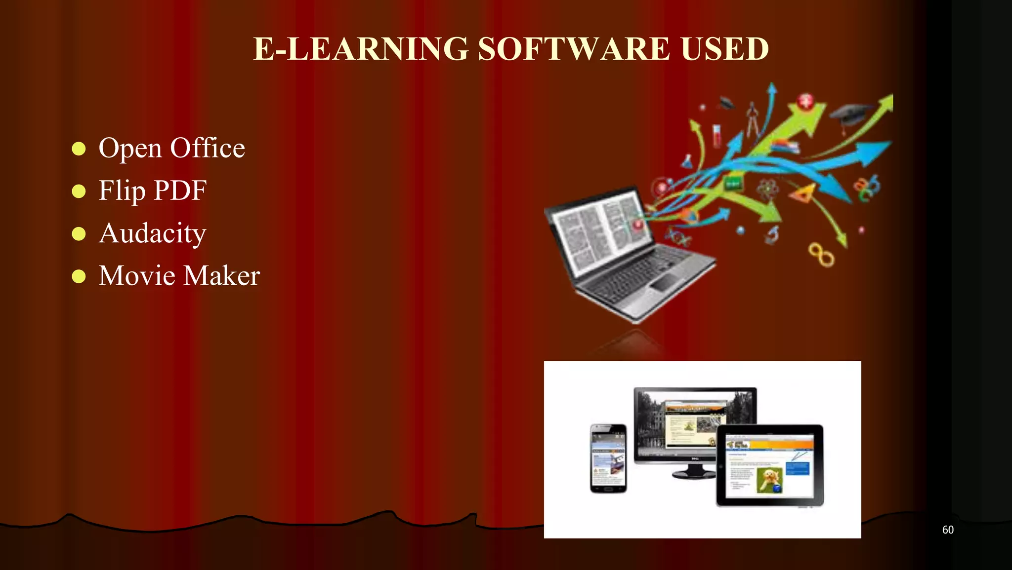 E-LEARNING SOFTWARE USED
 Open Office
 Flip PDF
 Audacity
 Movie Maker
60
 