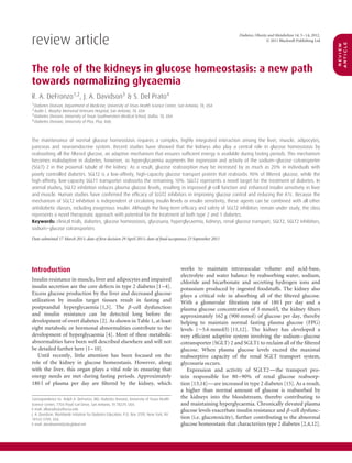 review
article
Diabetes, Obesity and Metabolism 14: 5–14, 2012.
© 2011 Blackwell Publishing Ltd
review article
The role of the kidneys in glucose homeostasis: a new path
towards normalizing glycaemia
R. A. DeFronzo1,2
, J. A. Davidson3
& S. Del Prato4
1Diabetes Division, Department of Medicine, University of Texas Health Science Center, San Antonio, TX, USA
2Audie L. Murphy Memorial Veterans Hospital, San Antonio, TX, USA
3Diabetes Division, University of Texas Southwestern Medical School, Dallas, TX, USA
4Diabetes Division, University of Pisa, Pisa, Italy
The maintenance of normal glucose homeostasis requires a complex, highly integrated interaction among the liver, muscle, adipocytes,
pancreas and neuroendocrine system. Recent studies have showed that the kidneys also play a central role in glucose homeostasis by
reabsorbing all the ﬁltered glucose, an adaptive mechanism that ensures sufﬁcient energy is available during fasting periods. This mechanism
becomes maladaptive in diabetes, however, as hyperglycaemia augments the expression and activity of the sodium–glucose cotransporter
(SGLT) 2 in the proximal tubule of the kidney. As a result, glucose reabsorption may be increased by as much as 20% in individuals with
poorly controlled diabetes. SGLT2 is a low-afﬁnity, high-capacity glucose transport protein that reabsorbs 90% of ﬁltered glucose, while the
high-afﬁnity, low-capacity SGLT1 transporter reabsorbs the remaining 10%. SGLT2 represents a novel target for the treatment of diabetes. In
animal studies, SGLT2 inhibition reduces plasma glucose levels, resulting in improved β-cell function and enhanced insulin sensitivity in liver
and muscle. Human studies have conﬁrmed the efﬁcacy of SLGT2 inhibitors in improving glucose control and reducing the A1c. Because the
mechanism of SGLT2 inhibition is independent of circulating insulin levels or insulin sensitivity, these agents can be combined with all other
antidiabetic classes, including exogenous insulin. Although the long-term efﬁcacy and safety of SGLT2 inhibitors remain under study, the class
represents a novel therapeutic approach with potential for the treatment of both type 2 and 1 diabetes.
Keywords: clinical trials, diabetes, glucose homeostasis, glycosuria, hyperglycaemia, kidneys, renal glucose transport, SGLT2, SGLT2 inhibitors,
sodium–glucose cotransporters
Date submitted 17 March 2011; date of first decision 29 April 2011; date of final acceptance 23 September 2011
Introduction
Insulin resistance in muscle, liver and adipocytes and impaired
insulin secretion are the core defects in type 2 diabetes [1–4].
Excess glucose production by the liver and decreased glucose
utilization by insulin target tissues result in fasting and
postprandial hyperglycaemia [1,5]. The β-cell dysfunction
and insulin resistance can be detected long before the
development of overt diabetes [2]. As shown in Table 1, at least
eight metabolic or hormonal abnormalities contribute to the
development of hyperglycaemia [4]. Most of these metabolic
abnormalities have been well described elsewhere and will not
be detailed further here [1–10].
Until recently, little attention has been focused on the
role of the kidney in glucose homeostasis. However, along
with the liver, this organ plays a vital role in ensuring that
energy needs are met during fasting periods. Approximately
180 l of plasma per day are filtered by the kidney, which
Correspondence to: Ralph A. DeFronzo, MD, Diabetes Division, University of Texas Health
Science Center, 7703 Floyd Curl Drive, San Antonio, TX 78229, USA.
E-mail: albarado@uthscsa.edu
J. A. Davidson, Worldwide Initiative for Diabetes Education, P.O. Box 3709, New York, NY
10163-3709, USA.
E-mail: davidsonmd@sbcglobal.net
works to maintain intravascular volume and acid-base,
electrolyte and water balance by reabsorbing water, sodium,
chloride and bicarbonate and secreting hydrogen ions and
potassium produced by ingested foodstuffs. The kidney also
plays a critical role in absorbing all of the filtered glucose.
With a glomerular filtration rate of 180 l per day and a
plasma glucose concentration of 5 mmol/l, the kidney filters
approximately 162 g (900 mmol) of glucose per day, thereby
helping to maintain normal fasting plasma glucose (FPG)
levels (∼5.6 mmol/l) [11,12]. The kidney has developed a
very efficient adaptive system involving the sodium–glucose
cotransporter (SGLT) 2 and SGLT1 to reclaim all of the filtered
glucose. When plasma glucose levels exceed the maximal
reabsorptive capacity of the renal SGLT transport system,
glycosuria occurs.
Expression and activity of SGLT2—the transport pro-
tein responsible for 80–90% of renal glucose reabsorp-
tion [13,14]—are increased in type 2 diabetes [15]. As a result,
a higher than normal amount of glucose is reabsorbed by
the kidneys into the bloodstream, thereby contributing to
and maintaining hyperglycaemia. Chronically elevated plasma
glucose levels exacerbate insulin resistance and β-cell dysfunc-
tion (i.e. glucotoxicity), further contributing to the abnormal
glucose homeostasis that characterizes type 2 diabetes [2,4,12].
 