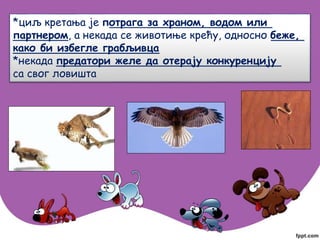 *циљ кретања је потрага за храном, водом или
партнером, а некада се животиње крећу, односно беже,
како би избегле грабљивца
*некада предатори желе да отерају конкуренцију
са свог ловишта
 