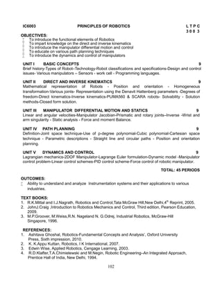 102
IC6003 PRINCIPLES OF ROBOTICS L T P C
3 0 0 3
OBJECTIVES:
 To introduce the functional elements of Robotics
 To impart knowledge on the direct and inverse kinematics
 To introduce the manipulator differential motion and control
 To educate on various path planning techniques
 To introduce the dynamics and control of manipulators
UNIT I BASIC CONCEPTS 9
Brief history-Types of Robot–Technology-Robot classifications and specifications-Design and control
issues- Various manipulators – Sensors - work cell - Programming languages.
UNIT II DIRECT AND INVERSE KINEMATICS 9
Mathematical representation of Robots - Position and orientation - Homogeneous
transformation-Various joints- Representation using the Denavit Hattenberg parameters -Degrees of
freedom-Direct kinematics-Inverse kinematics-PUMA560 & SCARA robots- Solvability - Solution
methods-Closed form solution.
UNIT III MANIPULATOR DIFFERENTIAL MOTION AND STATICS 9
Linear and angular velocities-Manipulator Jacobian-Prismatic and rotary joints–Inverse -Wrist and
arm singularity - Static analysis - Force and moment Balance.
UNIT IV PATH PLANNING 9
Definition-Joint space technique-Use of p-degree polynomial-Cubic polynomial-Cartesian space
technique - Parametric descriptions - Straight line and circular paths - Position and orientation
planning.
UNIT V DYNAMICS AND CONTROL 9
Lagrangian mechanics-2DOF Manipulator-Lagrange Euler formulation-Dynamic model -Manipulator
control problem-Linear control schemes-PID control scheme-Force control of robotic manipulator.
TOTAL: 45 PERIODS
OUTCOMES:
 Ability to understand and analyze Instrumentation systems and their applications to various
industries.
TEXT BOOKS:
1. R.K.Mittal and I.J.Nagrath, Robotics and Control,Tata McGraw Hill,New Delhi,4th
Reprint, 2005.
2. JohnJ.Craig ,Introduction to Robotics Mechanics and Control, Third edition, Pearson Education,
2009.
3. M.P.Groover, M.Weiss,R.N. Nageland N. G.Odrej, Industrial Robotics, McGraw-Hill
Singapore, 1996.
REFERENCES:
1. Ashitava Ghoshal, Robotics-Fundamental Concepts and Analysis’, Oxford University
Press, Sixth impression, 2010.
2. K. K.Appu Kuttan, Robotics, I K International, 2007.
3. Edwin Wise, Applied Robotics, Cengage Learning, 2003.
4. R.D.Klafter,T.A.Chimielewski and M.Negin, Robotic Engineering–An Integrated Approach,
Prentice Hall of India, New Delhi, 1994.
 
