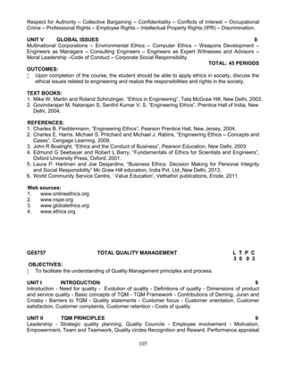 105
Respect for Authority – Collective Bargaining – Confidentiality – Conflicts of Interest – Occupational
Crime – Professional Rights – Employee Rights – Intellectual Property Rights (IPR) – Discrimination.
UNIT V GLOBAL ISSUES 8
Multinational Corporations – Environmental Ethics – Computer Ethics – Weapons Development –
Engineers as Managers – Consulting Engineers – Engineers as Expert Witnesses and Advisors –
Moral Leadership –Code of Conduct – Corporate Social Responsibility.
TOTAL: 45 PERIODS
OUTCOMES:
 Upon completion of the course, the student should be able to apply ethics in society, discuss the
ethical issues related to engineering and realize the responsibilities and rights in the society.
TEXT BOOKS:
1. Mike W. Martin and Roland Schinzinger, “Ethics in Engineering”, Tata McGraw Hill, New Delhi, 2003.
2. Govindarajan M, Natarajan S, Senthil Kumar V. S, “Engineering Ethics”, Prentice Hall of India, New
Delhi, 2004.
REFERENCES:
1. Charles B. Fleddermann, “Engineering Ethics”, Pearson Prentice Hall, New Jersey, 2004.
2. Charles E. Harris, Michael S. Pritchard and Michael J. Rabins, “Engineering Ethics – Concepts and
Cases”, Cengage Learning, 2009.
3. John R Boatright, “Ethics and the Conduct of Business”, Pearson Education, New Delhi, 2003
4. Edmund G Seebauer and Robert L Barry, “Fundamentals of Ethics for Scientists and Engineers”,
Oxford University Press, Oxford, 2001.
5. Laura P. Hartman and Joe Desjardins, “Business Ethics: Decision Making for Personal Integrity
and Social Responsibility” Mc Graw Hill education, India Pvt. Ltd.,New Delhi, 2013.
6. World Community Service Centre, ‘ Value Education’, Vethathiri publications, Erode, 2011.
Web sources:
1. www.onlineethics.org
2. www.nspe.org
3. www.globalethics.org
4. www.ethics.org
GE6757 TOTAL QUALITY MANAGEMENT L T P C
3 0 0 3
OBJECTIVES:
 To facilitate the understanding of Quality Management principles and process.
UNIT I INTRODUCTION 9
Introduction - Need for quality - Evolution of quality - Definitions of quality - Dimensions of product
and service quality - Basic concepts of TQM - TQM Framework - Contributions of Deming, Juran and
Crosby - Barriers to TQM - Quality statements - Customer focus - Customer orientation, Customer
satisfaction, Customer complaints, Customer retention - Costs of quality.
UNIT II TQM PRINCIPLES 9
Leadership - Strategic quality planning, Quality Councils - Employee involvement - Motivation,
Empowerment, Team and Teamwork, Quality circles Recognition and Reward, Performance appraisal
 