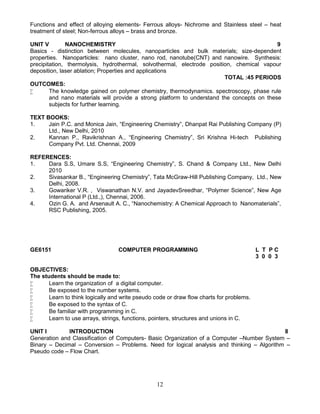 12
Functions and effect of alloying elements- Ferrous alloys- Nichrome and Stainless steel – heat
treatment of steel; Non-ferrous alloys – brass and bronze.
UNIT V NANOCHEMISTRY 9
Basics - distinction between molecules, nanoparticles and bulk materials; size-dependent
properties. Nanoparticles: nano cluster, nano rod, nanotube(CNT) and nanowire. Synthesis:
precipitation, thermolysis, hydrothermal, solvothermal, electrode position, chemical vapour
deposition, laser ablation; Properties and applications
TOTAL :45 PERIODS
OUTCOMES:
 The knowledge gained on polymer chemistry, thermodynamics. spectroscopy, phase rule
and nano materials will provide a strong platform to understand the concepts on these
subjects for further learning.
TEXT BOOKS:
1. Jain P.C. and Monica Jain, “Engineering Chemistry”, Dhanpat Rai Publishing Company (P)
Ltd., New Delhi, 2010
2. Kannan P., Ravikrishnan A., “Engineering Chemistry”, Sri Krishna Hi-tech Publishing
Company Pvt. Ltd. Chennai, 2009
REFERENCES:
1. Dara S.S, Umare S.S, “Engineering Chemistry”, S. Chand & Company Ltd., New Delhi
2010
2. Sivasankar B., “Engineering Chemistry”, Tata McGraw-Hill Publishing Company, Ltd., New
Delhi, 2008.
3. Gowariker V.R. , Viswanathan N.V. and JayadevSreedhar, “Polymer Science”, New Age
International P (Ltd.,), Chennai, 2006.
4. Ozin G. A. and Arsenault A. C., “Nanochemistry: A Chemical Approach to Nanomaterials”,
RSC Publishing, 2005.
GE6151 COMPUTER PROGRAMMING L T P C
3 0 0 3
OBJECTIVES:
The students should be made to:
 Learn the organization of a digital computer.
 Be exposed to the number systems.
 Learn to think logically and write pseudo code or draw flow charts for problems.
 Be exposed to the syntax of C.
 Be familiar with programming in C.
 Learn to use arrays, strings, functions, pointers, structures and unions in C.
UNIT I INTRODUCTION 8
Generation and Classification of Computers- Basic Organization of a Computer –Number System –
Binary – Decimal – Conversion – Problems. Need for logical analysis and thinking – Algorithm –
Pseudo code – Flow Chart.
 