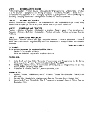 13
UNIT II C PROGRAMMING BASICS 10
Problem formulation – Problem Solving - Introduction to ‘ C’ programming –fundamentals – structure
of a ‘C’ program – compilation and linking processes – Constants, Variables – Data Types –
Expressions using operators in ‘C’ – Managing Input and Output operations – Decision Making and
Branching – Looping statements – solving simple scientific and statistical problems.
UNIT III ARRAYS AND STRINGS 9
Arrays – Initialization – Declaration – One dimensional and Two dimensional arrays. String- String
operations – String Arrays. Simple programs- sorting- searching – matrix operations.
UNIT IV FUNCTIONS AND POINTERS 9
Function – definition of function – Declaration of function – Pass by value – Pass by reference –
Recursion – Pointers - Definition – Initialization – Pointers arithmetic – Pointers and arrays- Example
Problems.
UNIT V STRUCTURES AND UNIONS 9
Introduction – need for structure data type – structure definition – Structure declaration – Structure
within a structure - Union - Programs using structures and Unions – Storage classes, Pre-processor
directives.
TOTAL: 45 PERIODS
OUTCOMES:
At the end of the course, the student should be able to:
 Design C Programs for problems.
 Write and execute C programs for simple applications.
TEXTBOOKS:
1. Anita Goel and Ajay Mittal, “Computer Fundamentals and Programming in C”, Dorling
Kindersley (India) Pvt. Ltd., Pearson Education in South Asia, 2011.
2. Pradip Dey, Manas Ghosh, “Fundamentals of Computing and Programming in C”, First
Edition, Oxford University Press, 2009
3. Yashavant P. Kanetkar. “ Let Us C”, BPB Publications, 2011.
REFERENCES:
1. Byron S Gottfried, “Programming with C”, Schaum’s Outlines, Second Edition, Tata McGraw-
Hill, 2006.
2. Dromey R.G., “How to Solve it by Computer”, Pearson Education, Fourth Reprint, 2007.
3. Kernighan,B.W and Ritchie,D.M, “The C Programming language”, Second Edition, Pearson
Education, 2006.
 