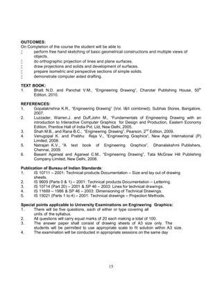 15
OUTCOMES:
On Completion of the course the student will be able to
 perform free hand sketching of basic geometrical constructions and multiple views of
objects.
 do orthographic projection of lines and plane surfaces.
 draw projections and solids and development of surfaces.
 prepare isometric and perspective sections of simple solids.
 demonstrate computer aided drafting.
TEXT BOOK:
1. Bhatt N.D. and Panchal V.M., “Engineering Drawing”, Charotar Publishing House, 50th
Edition, 2010.
REFERENCES:
1. Gopalakrishna K.R., “Engineering Drawing” (Vol. I&II combined), Subhas Stores, Bangalore,
2007.
2. Luzzader, Warren.J. and Duff,John M., “Fundamentals of Engineering Drawing with an
introduction to Interactive Computer Graphics for Design and Production, Eastern Economy
Edition, Prentice Hall of India Pvt. Ltd, New Delhi, 2005.
3. Shah M.B., and Rana B.C., “Engineering Drawing”, Pearson, 2nd
Edition, 2009.
4. Venugopal K. and Prabhu Raja V., “Engineering Graphics”, New Age International (P)
Limited, 2008.
5. Natrajan K.V., “A text book of Engineering Graphics”, Dhanalakshmi Publishers,
Chennai, 2009.
6. Basant Agarwal and Agarwal C.M., “Engineering Drawing”, Tata McGraw Hill Publishing
Company Limited, New Delhi, 2008.
Publication of Bureau of Indian Standards:
1. IS 10711 – 2001: Technical products Documentation – Size and lay out of drawing
sheets.
2. IS 9609 (Parts 0 & 1) – 2001: Technical products Documentation – Lettering.
3. IS 10714 (Part 20) – 2001 & SP 46 – 2003: Lines for technical drawings.
4. IS 11669 – 1986 & SP 46 – 2003: Dimensioning of Technical Drawings.
5. IS 15021 (Parts 1 to 4) – 2001: Technical drawings – Projection Methods.
Special points applicable to University Examinations on Engineering Graphics:
1. There will be five questions, each of either or type covering all
units of the syllabus.
2. All questions will carry equal marks of 20 each making a total of 100.
3. The answer paper shall consist of drawing sheets of A3 size only. The
students will be permitted to use appropriate scale to fit solution within A3 size.
4. The examination will be conducted in appropriate sessions on the same day
 