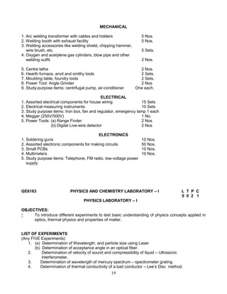 19
MECHANICAL
1. Arc welding transformer with cables and holders 5 Nos.
2. Welding booth with exhaust facility 5 Nos.
3. Welding accessories like welding shield, chipping hammer,
wire brush, etc. 5 Sets.
4. Oxygen and acetylene gas cylinders, blow pipe and other
welding outfit. 2 Nos.
5. Centre lathe 2 Nos.
6. Hearth furnace, anvil and smithy tools 2 Sets.
7. Moulding table, foundry tools 2 Sets.
8. Power Tool: Angle Grinder 2 Nos
9. Study-purpose items: centrifugal pump, air-conditioner One each.
ELECTRICAL
1. Assorted electrical components for house wiring 15 Sets
2. Electrical measuring instruments 10 Sets
3. Study purpose items: Iron box, fan and regulator, emergency lamp 1 each
4. Megger (250V/500V) 1 No.
5. Power Tools: (a) Range Finder 2 Nos
(b) Digital Live-wire detector 2 Nos
ELECTRONICS
1. Soldering guns 10 Nos.
2. Assorted electronic components for making circuits 50 Nos.
3. Small PCBs 10 Nos.
4. Multimeters 10 Nos.
5. Study purpose items: Telephone, FM radio, low-voltage power
supply
GE6163 PHYSICS AND CHEMISTRY LABORATORY – I L T P C
0 0 2 1
PHYSICS LABORATORY – I
OBJECTIVES:
 To introduce different experiments to test basic understanding of physics concepts applied in
optics, thermal physics and properties of matter.
LIST OF EXPERIMENTS
(Any FIVE Experiments)
1. (a) Determination of Wavelength, and particle size using Laser
(b) Determination of acceptance angle in an optical fiber.
2. Determination of velocity of sound and compressibility of liquid – Ultrasonic
interferometer.
3. Determination of wavelength of mercury spectrum – spectrometer grating
4. Determination of thermal conductivity of a bad conductor – Lee’s Disc method.
 
