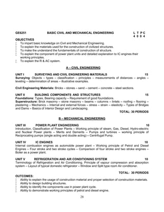 28
GE6251 BASIC CIVIL AND MECHANICAL ENGINEERING L T P C
4 0 0 4
OBJECTIVES
 To impart basic knowledge on Civil and Mechanical Engineering.
 To explain the materials used for the construction of civilized structures.
 To make the understand the fundamentals of construction of structure.
 To explain the component of power plant units and detailed explanation to IC engines their
working principles.
 To explain the R & AC system.
A – CIVIL ENGINEERING
UNIT I SURVEYING AND CIVIL ENGINEERING MATERIALS 15
Surveying: Objects – types – classification – principles – measurements of distances – angles –
leveling – determination of areas – illustrative examples.
Civil Engineering Materials: Bricks – stones – sand – cement – concrete – steel sections.
UNIT II BUILDING COMPONENTS AND STRUCTURES 15
Foundations: Types, Bearing capacity – Requirement of good foundations.
Superstructure: Brick masonry – stone masonry – beams – columns – lintels – roofing – flooring –
plastering – Mechanics – Internal and external forces – stress – strain – elasticity – Types of Bridges
and Dams – Basics of Interior Design and Landscaping.
TOTAL: 30 PERIODS
B – MECHANICAL ENGINEERING
UNIT III POWER PLANT ENGINEERING 10
Introduction, Classification of Power Plants – Working principle of steam, Gas, Diesel, Hydro-electric
and Nuclear Power plants – Merits and Demerits – Pumps and turbines – working principle of
Reciprocating pumps (single acting and double acting) – Centrifugal Pump.
UNIT IV IC ENGINES 10
Internal combustion engines as automobile power plant – Working principle of Petrol and Diesel
Engines – Four stroke and two stroke cycles – Comparison of four stroke and two stroke engines –
Boiler as a power plant.
UNIT V REFRIGERATION AND AIR CONDITIONING SYSTEM 10
Terminology of Refrigeration and Air Conditioning. Principle of vapour compression and absorption
system – Layout of typical domestic refrigerator – Window and Split type room Air conditioner.
TOTAL: 30 PERIODS
OUTCOMES:
 Ability to explain the usage of construction material and proper selection of construction materials.
 Ability to design building structures.
 Ability to identify the components use in power plant cycle.
 Ability to demonstrate working principles of petrol and diesel engine.
 