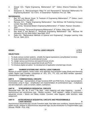 35
2. Grewal B.S., "Higher Engineering Mathematics", 42nd
Edition, Khanna Publishers, Delhi,
2012.
3. Narayanan S., Manicavachagom Pillay.T.K and Ramanaiah.G "Advanced Mathematics for
Engineering Students" Vol. II & III, S.Viswanathan Publishers Pvt Ltd. 1998.
REFERENCES:
1. Bali. N.P and Manish Goyal, "A Textbook of Engineering Mathematics", 7th
Edition, Laxmi
Publications Pvt Ltd, 2007.
2. Ramana. B.V., "Higher Engineering Mathematics", Tata McGraw Hill Publishing Company
Limited, New Delhi, 2008.
3. Glyn James, "Advanced Modern Engineering Mathematics", 3rd
Edition, Pearson Education,
2007.
4. Erwin Kreyszig, "Advanced Engineering Mathematics", 8th
Edition, Wiley India, 2007.
5. Ray Wylie C and Barrett.L.C, "Advanced Engineering Mathematics" Tata McGraw Hill
Education Pvt Ltd, Sixth Edition, New Delhi, 2012.
6. Datta K.B., "Mathematical Methods of Science and Engineering", Cengage Learning India
Pvt Ltd, Delhi, 2013.
EE6301 DIGITAL LOGIC CIRCUITS LT P C
3 1 0 4
OBJECTIVES:
 To study various number systems , simplify the logical expressions using Boolean functions
 To study implementation of combinational circuits
 To design various synchronous and asynchronous circuits.
 To introduce asynchronous sequential circuits and PLCs
 To introduce digital simulation for development of application oriented logic circuits.
UNIT I NUMBER SYSTEMS AND DIGITAL LOGIC FAMILIES 9
Review of number systems, binary codes, error detection and correction codes (Parity and Hamming
code0- Digital Logic Families ,comparison of RTL, DTL, TTL, ECL and MOS families -operation,
characteristics of digital logic family.
UNIT II COMBINATIONAL CIRCUITS 9
Combinational logic - representation of logic functions-SOP and POS forms, K-map representations-
minimization using K maps - simplification and implementation of combinational logic - multiplexers
and demultiplexers - code converters, adders, subtractors.
UNIT III SYNCHRONOUS SEQUENTIAL CIRCUITS 9
Sequential logic- SR, JK, D and T flip flops - level triggering and edge triggering - counters -
asynchronous and synchronous type - Modulo counters - Shift registers - design of synchronous
sequential circuits – Moore and Melay models- Counters, state diagram; state reduction; state
assignment.
UNIT IV ASYNCHRONOUS SEQUENTIAL CIRCUITS AND PROGRAMMABLE
LOGIC DEVICES 9
Asynchronous sequential logic circuits-Transition table, flow table-race conditions, hazards &errors in
digital circuits; analysis of asynchronous sequential logic circuits-introduction to Programmable Logic
Devices: PROM – PLA –PAL.
 