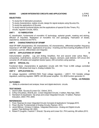 41
EE6303 LINEAR INTEGRATED CIRCUITS AND APPLICATIONS L T P C
3 0 0 3
OBJECTIVES:
 To study the IC fabrication procedure.
 To study characteristics; realize circuits; design for signal analysis using Op-amp ICs.
 To study the applications of Op-amp.
 To study internal functional blocks and the applications of special ICs like Timers, PLL
 circuits, regulator Circuits, ADCs.
UNIT I IC FABRICATION 9
IC classification, fundamental of monolithic IC technology, epitaxial growth, masking and etching,
diffusion of impurities. Realisation of monolithic ICs and packaging. Fabrication of diodes,
capacitance, resistance and FETs.
UNIT II CHARACTERISTICS OF OPAMP 9
Ideal OP-AMP characteristics, DC characteristics, AC characteristics,, differential amplifier; frequency
response of OP-AMP; Basic applications of op-amp – Inverting and Non-inverting Amplifiers-V/I & I/V
converters ,summer, differentiator and integrator.
UNIT III APPLICATIONS OF OPAMP 9
Instrumentation amplifier, Log and Antilog Amplifiers, first and second order active filters, ,
comparators, multivibrators, waveform generators, clippers, clampers, peak detector, S/H circuit, D/A
converter (R- 2R ladder and weighted resistor types), A/D converters using opamps.
UNIT IV SPECIAL ICs 9
Functional block, characteristics & application circuits with 555 Timer Ic-566 voltage controlled
oscillator Ic; 565-phase lock loop Ic ,Analog multiplier ICs.
UNIT V APPLICATION ICs 9
IC voltage regulators –LM78XX,79XX Fixed voltage regulators - LM317, 723 Variable voltage
regulators, switching regulator- SMPS- LM 380 power amplifier- ICL 8038 function generator IC.
TOTAL : 45 PERIODS
OUTCOMES:
 Ability to understand and analyse, linear and digital electronic circuits.
TEXT BOOKS:
1. David A.Bell, ‘Op-amp & Linear ICs’, Oxford, 2013.
2. D.Roy Choudhary, Sheil B.Jani, ‘Linear Integrated Circuits’, II edition, New Age, 2003.
3. Ramakant A.Gayakward, ‘Op-amps and Linear Integrated Circuits’, IV edition, Pearson
Education, 2003 / PHI. 2000.
REFERENCES:
1. Fiore,”Opamps & Linear Integrated Circuits Concepts & Applications”,Cengage,2010.
2. Floyd ,Buchla,”Fundamentals of Analog Circuits, Pearson, 2013.
3. Jacob Millman, Christos C.Halkias, ‘Integrated Electronics - Analog and Digital circuits
system’,Tata McGraw Hill, 2003.
4. Robert F.Coughlin, Fredrick F. Driscoll, ‘Op-amp and Linear ICs’, PHI Learning, 6th edition,2012.
 
