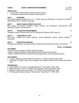 47
CS6456 OBJECT ORIENTED PROGRAMMING L T P C
3 0 0 3
OBJECTIVES:
• To get a clear understanding of object-oriented concepts.
• To understand object oriented programming through C++.
UNIT I OVERVIEW 9
Why Object-Oriented Programming in C++ - Native Types and Statements –Functions and Pointers-
Implementing ADTs in the Base Language.
UNIT II BASIC CHARACTERISTICS OF OOP 9
Data Hiding and Member Functions- Object Creation and Destruction- Polymorphism data
abstraction: Iterators and Containers.
UNIT III ADVANCED PROGRAMMING 9
Templates, Generic Programming, and STL-Inheritance-Exceptions-OOP Using C++.
UNIT IV OVERVIEW OF JAVA 9
Data types, variables and arrays, operators, control statements, classes, objects, methods –
Inheritance
UNIT V EXCEPTION HANDLING 9
Packages and Interfaces, Exception handling, Multithreaded programming, Strings, Input/Output
TOTAL : 45 PERIODS
OUTCOMES:
• Gain the basic knowledge on Object Oriented concepts.
• Ability to develop applications using Object Oriented Programming Concepts.
• Ability to implement features of object oriented programming to solve real world problems.
TEXT BOOKS:
1. Ira Pohl, “Object-Oriented Programming Using C++”, Pearson Education Asia, 2003.
2. H.M.Deitel, P.J.Deitel, "Java : how to program", Fifth edition, Prentice Hall of India private limited,
2003.
REFERENCES:
1. Herbert Schildt, "The Java 2: Complete Reference", Fourth edition, TMH, 2002
2. Bjarne Stroustrup, “The C++ Programming Language”, Pearson Education, 2004.
3. Stanley B. Lippman and Josee Lajoie , “C++ Primer”, Pearson Education, 2003.
4. K.R.Venugopal, Rajkumar Buyya, T.Ravishankar, "Mastering C++", TMH, 2003.
 