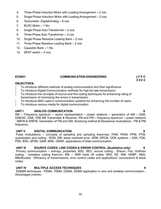 66
4. Three Phase Induction Motor with Loading Arrangement – 2 nos
5. Single Phase Induction Motor with Loading Arrangement – 2 nos
6. Tachometer -Digital/Analog – 8 nos
7. BLDC Motor – 1 No.
8. Single Phase Auto Transformer – 2 nos
9. Three Phase Auto Transformer – 3 nos
10. Single Phase Resistive Loading Bank – 2 nos
11. Three Phase Resistive Loading Bank – 2 nos
12. Capacitor Bank – 1 No.
13. SPST switch – 2 nos
EC6651 COMMUNICATION ENGINEERING LT P C
3 0 0 3
OBJECTIVES:
 To introduce different methods of analog communication and their significance
 To introduce Digital Communication methods for high bit rate transmission
 To introduce the concepts of source and line coding techniques for enhancing rating of
transmission of minimizing the errors in transmission.
 To introduce MAC used in communication systems for enhancing the number of users.
 To introduce various media for digital communication
UNIT I ANALOG COMMUNICATION 9
AM – Frequency spectrum – vector representation – power relations – generation of AM – DSB,
DSB/SC, SSB, VSB AM Transmitter & Receiver; FM and PM – frequency spectrum – power relations
: NBFM & WBFM, Generation of FM and DM, Amstrong method & Reactance modulations : FM & PM
frequency.
UNIT II DIGITAL COMMUNICATION 9
Pulse modulations – concepts of sampling and sampling theormes, PAM, PWM, PPM, PTM,
quantization and coding : DCM, DM, slope overload error. ADM, DPCM, OOK systems – ASK, FSK,
PSK, BSK, QPSK, QAM, MSK, GMSK, applications of Data communication.
UNIT III SOURCE CODES, LINE CODES & ERROR CONTROL (Qualitative only) 9
Primary communication – entropy, properties, BSC, BEC, source coding : Shaum, Fao, Huffman
coding : noiseless coding theorum, BW – SNR trade off codes: NRZ, RZ, AMI, HDBP, ABQ,
MBnBcodes : Efficiency of transmissions, error control codes and applications: convolutions & block
codes.
UNIT IV MULTIPLE ACCESS TECHNIQUES 9
SS&MA techniques : FDMA, TDMA, CDMA, SDMA application in wire and wireless communication :
Advantages (merits) :
 