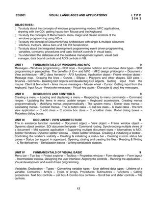 83
EE6001 VISUAL LANGUAGES AND APPLICATIONS L T P C
3 0 0 3
OBJECTIVES :
 To study about the concepts of windows programming models, MFC applications,
drawing with the GDI, getting inputs from Mouse and the Keyboard.
 To study the concepts of Menu basics, menu magic and classic controls of the
windows programming using VC++.
 To study the concept of Document/View Architecture with single & multiple document
interface, toolbars, status bars and File I/O Serialization.
 To study about the integrated development programming event driven programming,
variables, constants, procedures and basic ActiveX controls in visual basic.
 To understand the database and the database management system, visual data
manager, data bound controls and ADO controls in VB.
UNIT I FUNDAMENTALS OF WINDOWS AND MFC 9
Messages - Windows programming - SDK style - Hungarian notation and windows data types - SDK
programming in perspective. The benefits of C++ and MFC - MFC design philosophy – Document /
View architecture - MFC class hierarchy - AFX functions. Application object - Frame window object -
Message map. Drawing the lines – Curves – Ellipse – Polygons and other shapes. GDI pens –
Brushes - GDI fonts - Deleting GDI objects and deselecting GDI objects. Getting input from the
mouse: Client & Non-client - Area mouse messages - Mouse wheel - Cursor. Getting input from the
keyboard: Input focus - Keystroke messages - Virtual key codes - Character & dead key messages.
UNIT II RESOURCES AND CONTROLS 9
Creating a menu – Loading and displaying a menu – Responding to menu commands – Command
ranges - Updating the items in menu, update ranges – Keyboard accelerators. Creating menus
programmatically - Modifying menus programmatically - The system menu - Owner draw menus –
Cascading menus - Context menus. The C button class – C list box class – C static class - The font
view application – C edit class – C combo box class – C scrollbar class. Model dialog boxes –
Modeless dialog boxes.
UNIT III DOCUMENT / VIEW ARCHITECTURE 9
The in existence function revisited – Document object – View object – Frame window object –
Dynamic object creation. SDI document template - Command routing. Synchronizing multiple views of
a document – Mid squares application – Supporting multiple document types – Alternatives to MDI.
Splitter Windows: Dynamic splitter window – Static splitter windows. Creating & initializing a toolbar -
Controlling the toolbar’s visibility – Creating & initializing a status bar - Creating custom status bar
panes – Status bar support in appwizard. Opening, closing and creating the files - Reading & Writing
– C file derivatives – Serialization basics - Writing serializable classes.
UNIT IV FUNDAMENTALS OF VISUAL BASIC 9
Menu bar – Tool bar – Project explorer – Toolbox – Properties window – Form designer – Form layout
– Intermediate window. Designing the user interface: Aligning the controls – Running the application –
Visual development and event driven programming.
Variables: Declaration – Types – Converting variable types – User defined data types - Lifetime of a
variable. Constants - Arrays – Types of arrays. Procedures: Subroutines – Functions – Calling
procedures. Text box controls – List box & Combo box controls – Scroll bar and slider controls – File
controls.
 