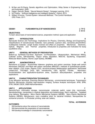 94
3. M.Gen and R,Cheng, Genetic algorithms and Optimization, Wiley Series in Engineering Design
and Automation, 2000.
4. Hagan, Demuth, Beale, “ Neural Network Design”, Cengage Learning, 2012.
5. N.P.Padhy, “ Artificial Intelligence and Intelligent Systems”, Oxford, 2013.
6. William S.Levine, “Control System Advanced Methods,” The Control Handbook
CRC Press, 2011.
GE6081 FUNDAMENTALS OF NANOSCIENCE L T P C
3 0 0 3
OBJECTIVES:
To learn about basis of nanomaterial science, preparation method, types and application
UNIT I INTRODUCTION 8
Nanoscale Science and Technology- Implications for Physics, Chemistry, Biology and Engineering-
Classifications of nanostructured materials- nano particles- quantum dots, nanowires-ultra-thinfilms-
multilayered materials. Length Scales involved and effect on properties: Mechanical, Electronic,
Optical, Magnetic and Thermal properties. Introduction to properties and motivation for study
(qualitative only).
UNIT II GENERAL METHODS OF PREPARATION 9
Bottom-up Synthesis-Top-down Approach: Co-Precipitation, Ultrasonication, Mechanical Milling,
Colloidal routes, Self-assembly, Vapour phase deposition, MOCVD, Sputtering, Evaporation,
Molecular Beam Epitaxy, Atomic Layer Epitaxy, MOMBE.
UNIT III NANOMATERIALS 12
Nanoforms of Carbon - Buckminster fullerene- graphene and carbon nanotube, Single wall carbon
Nanotubes (SWCNT) and Multi wall carbon nanotubes (MWCNT)- methods of synthesis(arc-growth,
laser ablation, CVD routes, Plasma CVD), structure-property Relationships applications- Nanometal
oxides-ZnO, TiO2,MgO, ZrO2, NiO, nanoalumina, CaO, AgTiO2, Ferrites, Nanoclays-
functionalization and applications-Quantum wires, Quantum dots-preparation, properties and
applications.
UNIT IV CHARACTERIZATION TECHNIQUES 9
X-ray diffraction technique, Scanning Electron Microscopy - environmental techniques, Transmission
Electron Microscopy including high-resolution imaging, Surface Analysis techniques- AFM, SPM,
STM, SNOM, ESCA, SIMS-Nanoindentation.
UNIT V APPLICATIONS 7
NanoInfoTech: Information storage- nanocomputer, molecular switch, super chip, nanocrystal,
Nanobiotechlogy: nanoprobes in medical diagnostics and biotechnology, Nano medicines, Targetted
drug delivery, Bioimaging - Micro Electro Mechanical Systems (MEMS), Nano Electro Mechanical
Systems (NEMS)- Nanosensors, nano crystalline silver for bacterial inhibition, Nanoparticles for
sunbarrier products - In Photostat, printing, solar cell, battery.
TOTAL : 45 PERIODS
OUTCOMES:
 Will familiarize about the science of nanomaterials
 Will demonstrate the preparation of nanomaterials
 Will develop knowledge in characteristic nanomaterial
 