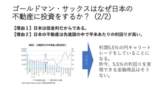 ゴールドマン・サックスはなぜ日本の
不動産に投資をするか？（2/2）
【理由１】日本は低金利だからである。
【理由２】日本の不動産は先進国の中で平米あたりの利回りが高い。
つ
ま
り
利潤5.5％の円キャリート
レードをしていることに
なる。
昨今、5.5％の利回りを実
現できる金融商品はそう
ない。
 