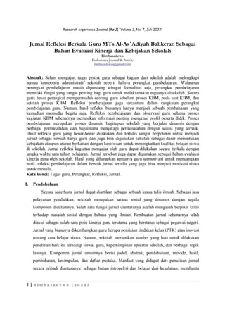 Rimbasadewo experience Journal (Re'J) vol.2 Jurnal Refleksi Berkala Guru MTs Al-As’Adiyah Balikeran Sebagai Bahan Evaluasi Kinerja dan Kebijakan Sekolah
