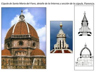 Cúpula de Santa Maria del Fiore, detalle de la linterna y sección de la cúpula. Florencia.
 