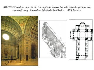 ALBERTI. Vista de la derecha del transepto de la nave hacia la entrada, perspectiva
axonométrica y planta de la iglesia de Sant’Andrea. 1479. Mantua.
 