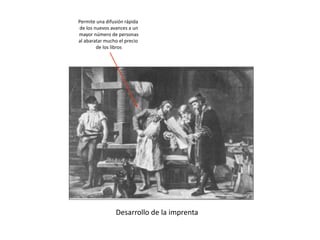 Desarrollo de la imprenta
Permite una difusión rápida
de los nuevos avances a un
mayor número de personas
al abaratar mucho el precio
de los libros
 