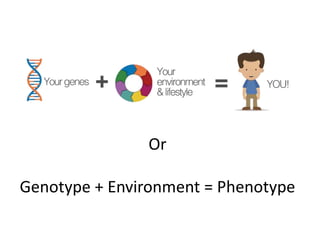 Limited number of phenotypes with no intermediates. Usually caused by
genes alone (genotype).
 