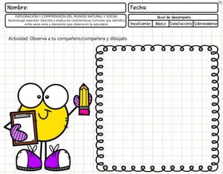Actividad: Observa a tu compañero/compañera y dibújalo.
EXPLORACIÓN Y COMPRENSIÓN DEL MUNDO NATURAL Y SOCIAL
Aprendizaje esperado: Describe y explica las características comunes que identifica
entre seres vivos y elementos que observa en la naturaleza.
 