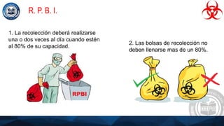 R. P. B. I.
1. La recolección deberá realizarse
una o dos veces al día cuando estén
al 80% de su capacidad.
2. Las bolsas de recolección no
deben llenarse mas de un 80%.
 