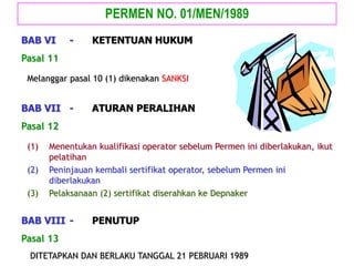 Melanggar pasal 10 (1) dikenakan SANKSI
Pasal 11
PERMEN NO. 01/MEN/1989
BAB VI - KETENTUAN HUKUM
(1) Menentukan kualifikasi operator sebelum Permen ini diberlakukan, ikut
pelatihan
(2) Peninjauan kembali sertifikat operator, sebelum Permen ini
diberlakukan
(3) Pelaksanaan (2) sertifikat diserahkan ke Depnaker
Pasal 12
BAB VII - ATURAN PERALIHAN
DITETAPKAN DAN BERLAKU TANGGAL 21 PEBRUARI 1989
Pasal 13
BAB VIII - PENUTUP
 