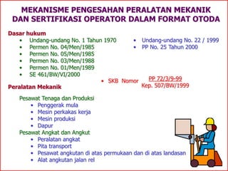 MEKANISME PENGESAHAN PERALATAN MEKANIK
DAN SERTIFIKASI OPERATOR DALAM FORMAT OTODA
Pesawat Tenaga dan Produksi
• Penggerak mula
• Mesin perkakas kerja
• Mesin produksi
• Dapur
Pesawat Angkat dan Angkut
• Peralatan angkat
• Pita transport
• Pesawat angkutan di atas permukaan dan di atas landasan
• Alat angkutan jalan rel
Dasar hukum
• Undang-undang No. 1 Tahun 1970
• Permen No. 04/Men/1985
• Permen No. 05/Men/1985
• Permen No. 03/Men/1988
• Permen No. 01/Men/1989
• SE 461/BW/VI/2000
• Undang-undang No. 22 / 1999
• PP No. 25 Tahun 2000
PP 72/3/9-99
Kep. 507/BW/1999
• SKB Nomor
Peralatan Mekanik
 