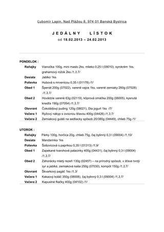 Ľubomír Lapin, Nad Plážou 8, 974 01 Banská Bystrica


                         J E D Á L N Y             L Í S T O K
                            od 18.02.2013 – 24.02.2013




PONDELOK :
  Raňajky      Vianočka 100g, mini maslo 2ks, mlieko 0,25 l (09010), syrokrém 1ks,
               grahamový rožok 2ks /1,3,7/
  Desiata      Jablko 1ks
  Polievka     Hubová s mrvenicou 0,35 l (01178) /1/
  Obed 1       Špenát 200g (07022), varené vajce 1ks, varené zemiaky 260g (07028)
               /1,3,7/
  Obed 2       Hovädzie varené 63g (02119), kôprová omáčka 200g (06005), kysnutá
               knedľa 190g (07054) /1,3,7/
  Olovrant     Čokoládový puding 120g (08021), Dia jogurt 1ks /7/
  Večera 1     Ryžový nákyp s ovocnou šťavou 400g (04426) /1,3,7/
  Večera 2     Zemiakový guláš na sedliacky spôsob 20/380g (04449), chlieb 75g /1/


UTOROK :
  Raňajky      Párky 100g, horčica 20g, chlieb 75g, čaj bylinný 0,3 l (09004) /1,10/
  Desiata      Mandarinka 1ks
  Polievka     Šošovicová s paprikou 0,35 l (01313) /1,9/
  Obed 1       Zapekané tvarohové palacinky 400g (04431), čaj bylinný 0,3 l (09004)
               /1,3,7/
  Obed 2       Záhorácky mletý rezeň 130g (02457) – na prírodný spôsob, v šťave tvrdý
               syr a jablká, zemiaková kaša 250g (07030), kompót 150g /1,3,7/
  Olovrant     Škvarkový pagáč 1ks /1,3/
  Večera 1     Kakaový koláč 350g (08008), čaj bylinný 0,3 l (09004) /1,3,7/
  Večera 2     Kapustné fliačky 400g (04102) /1/
 