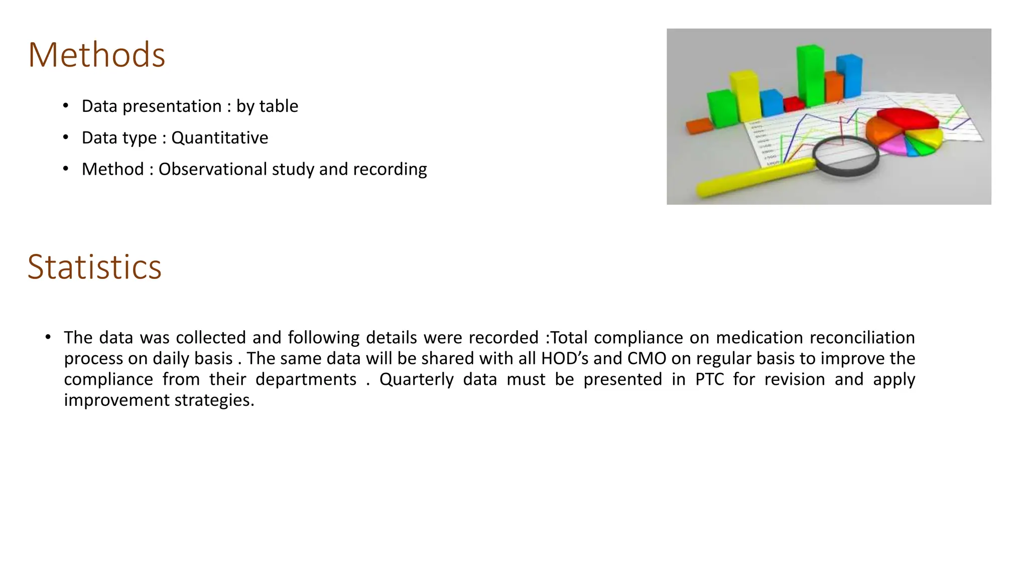 Methods
• Data presentation : by table
• Data type : Quantitative
• Method : Observational study and recording
Statistics
• The data was collected and following details were recorded :Total compliance on medication reconciliation
process on daily basis . The same data will be shared with all HOD’s and CMO on regular basis to improve the
compliance from their departments . Quarterly data must be presented in PTC for revision and apply
improvement strategies.
 
